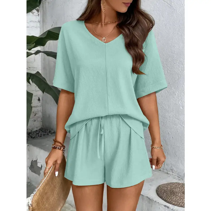 Relaxed Fit V Neck Top and Shorts Two Piece Set