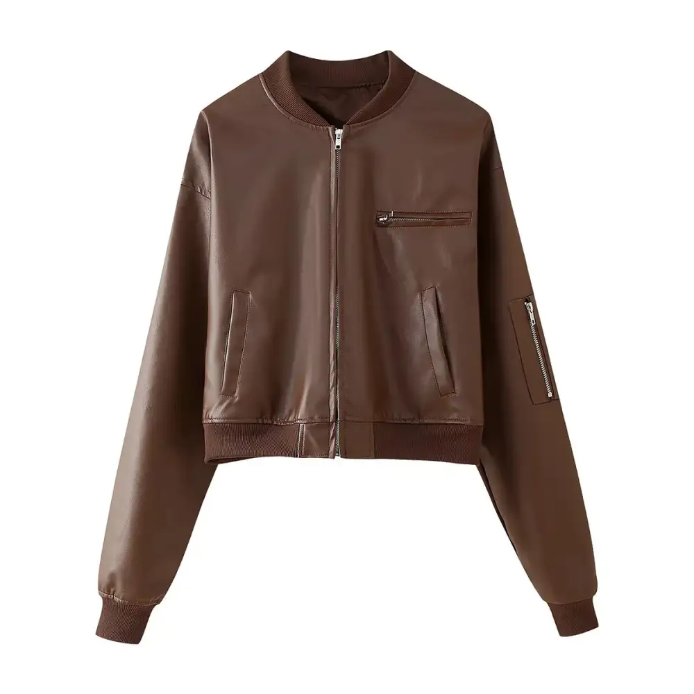Tailored Faux Leather Zip Front Ribbed Trim Bomber Jacket