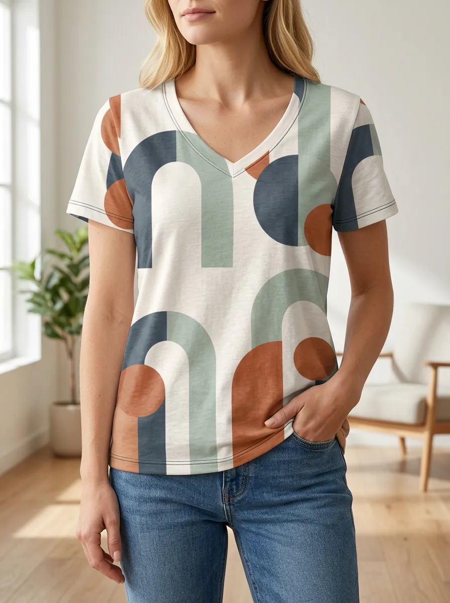 Women's Layered Abstract Geometric Pattern V-Neck T-Shirt