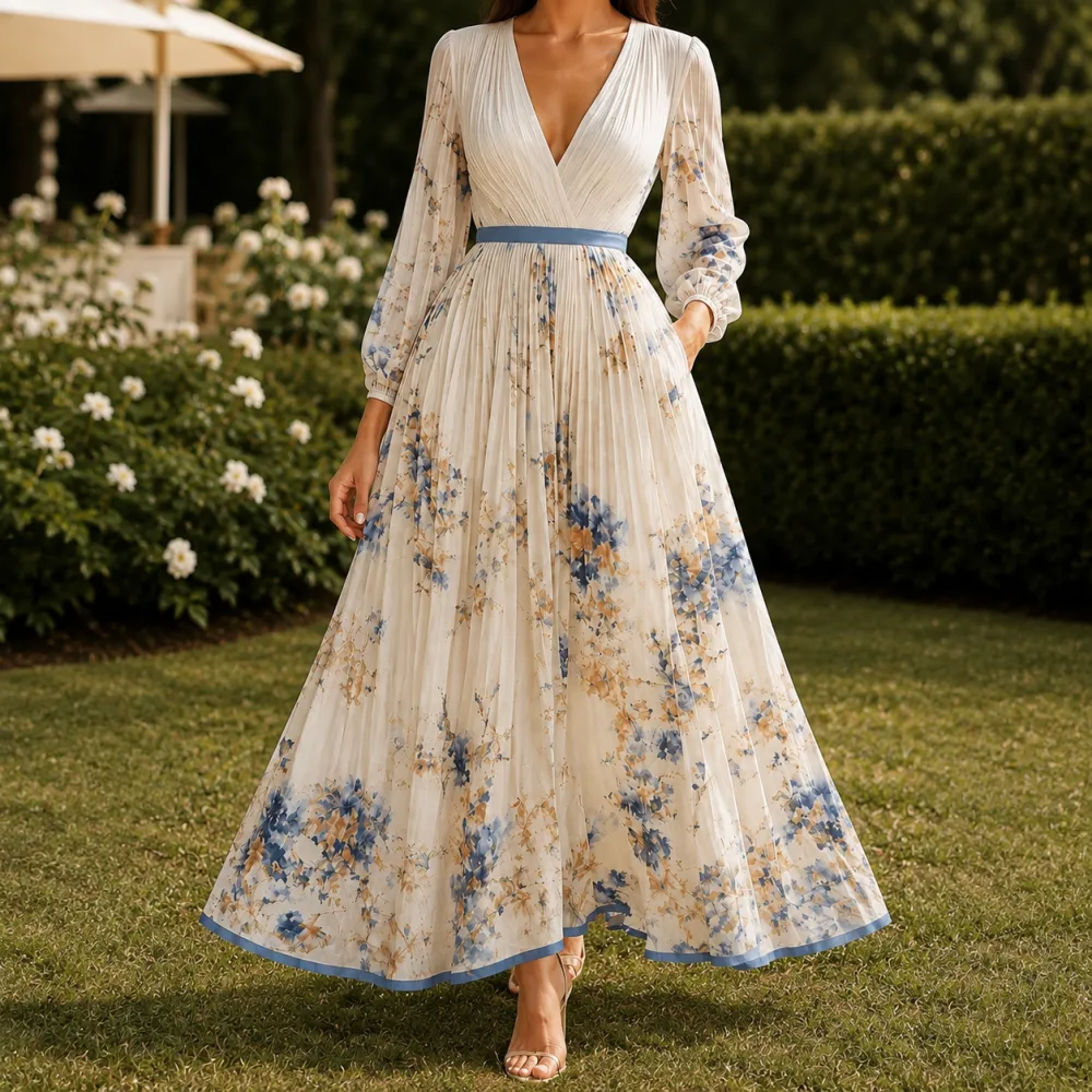 Pleated Contrast Maxi Dress