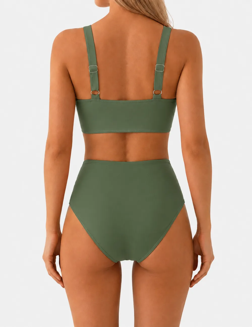 Twist Front V Neck High Waisted Bikini Set