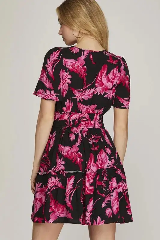 Printed Notched Short Sleeve Frill Tiered Dress