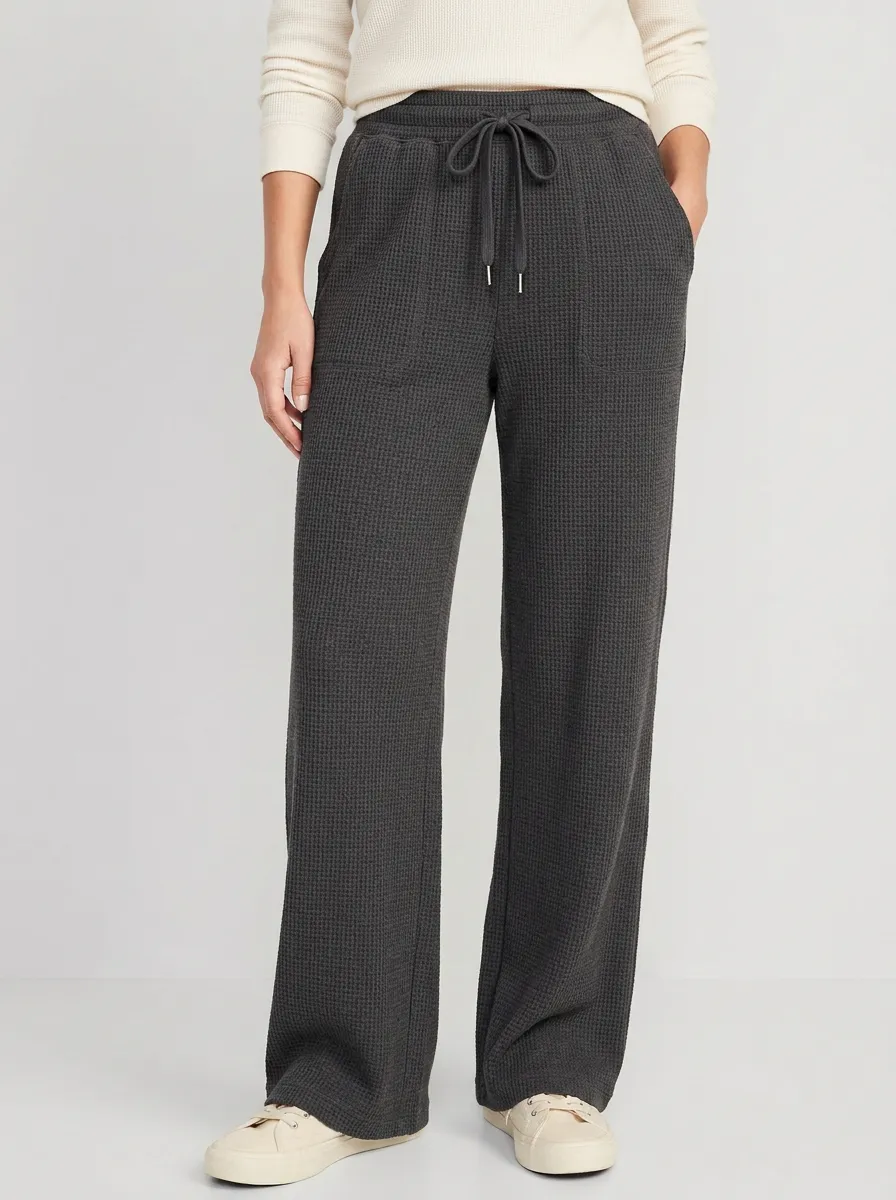 Women's Casual Lounge Waffle Knit Drawstring Wide Leg Pants