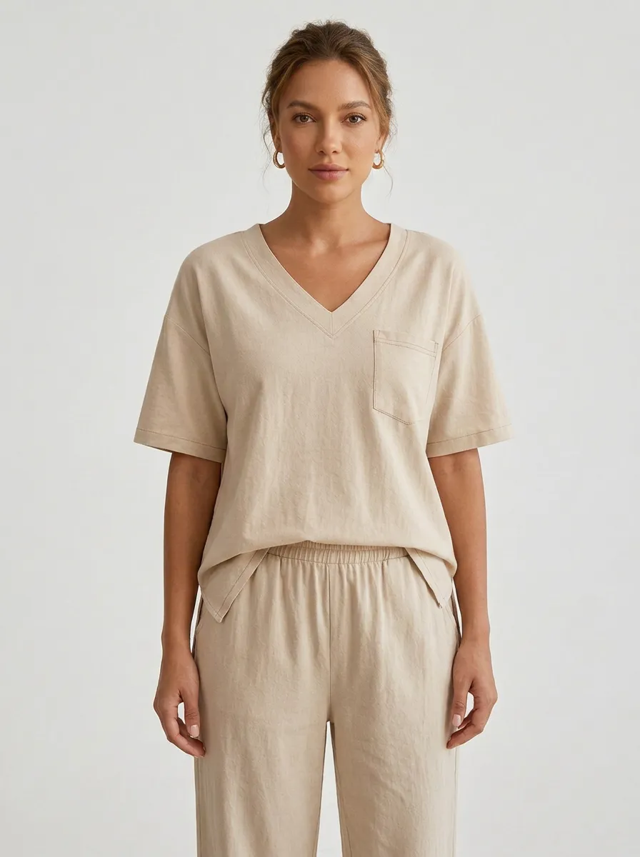 Pocket Women's V-Neck Casual Lounge Set