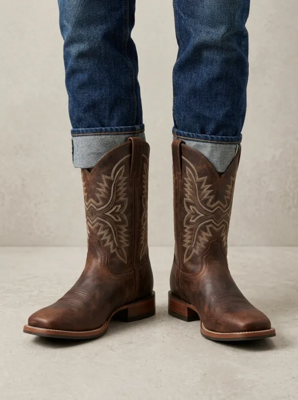 Men's Western Cowboy Embroidered Brown Leather Cowboy Boots