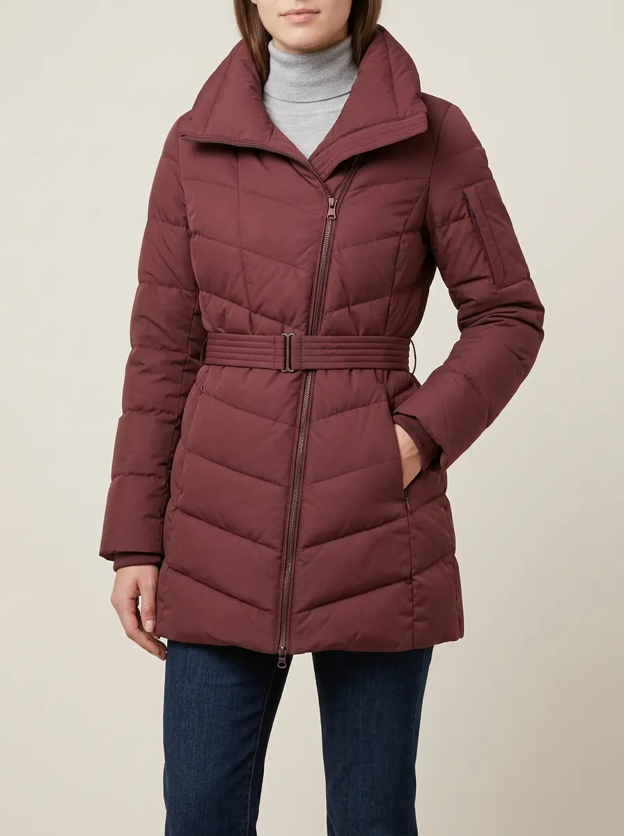 Women's Burgundy Belted Quilted Puffer Jacket