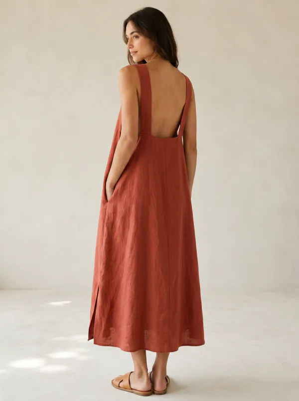 Women's Bohemian Casual Linen Midi Backless Dress