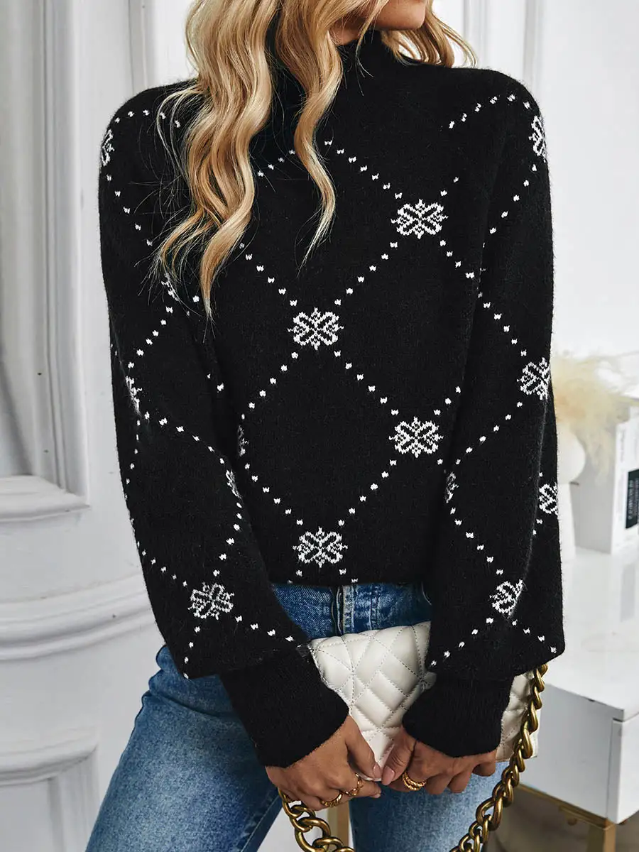 Geometric Floral Detail Paneled Turtleneck Long Sleeve Sweater