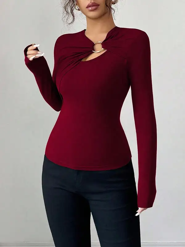 Long Sleeve Slim Fit Panel Detail Asymmetric Collar T-Shirt