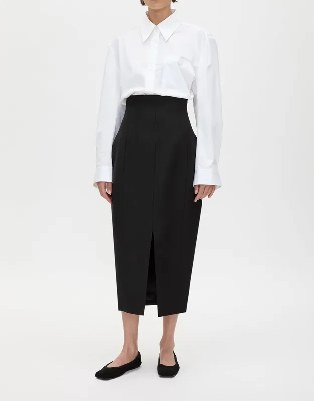 Black Corset Waist Midi Skirt