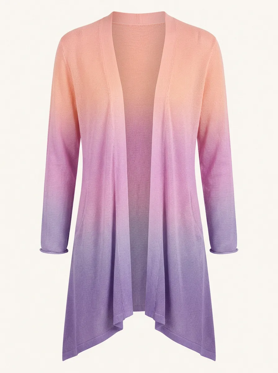 Women's Pink Purple Ombre Waffle Knit Open Front Cardigan