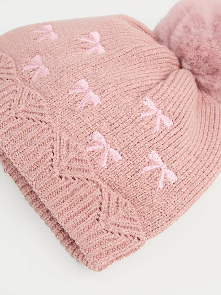 Pink Bow Knitted Bobble Hat detail 1
