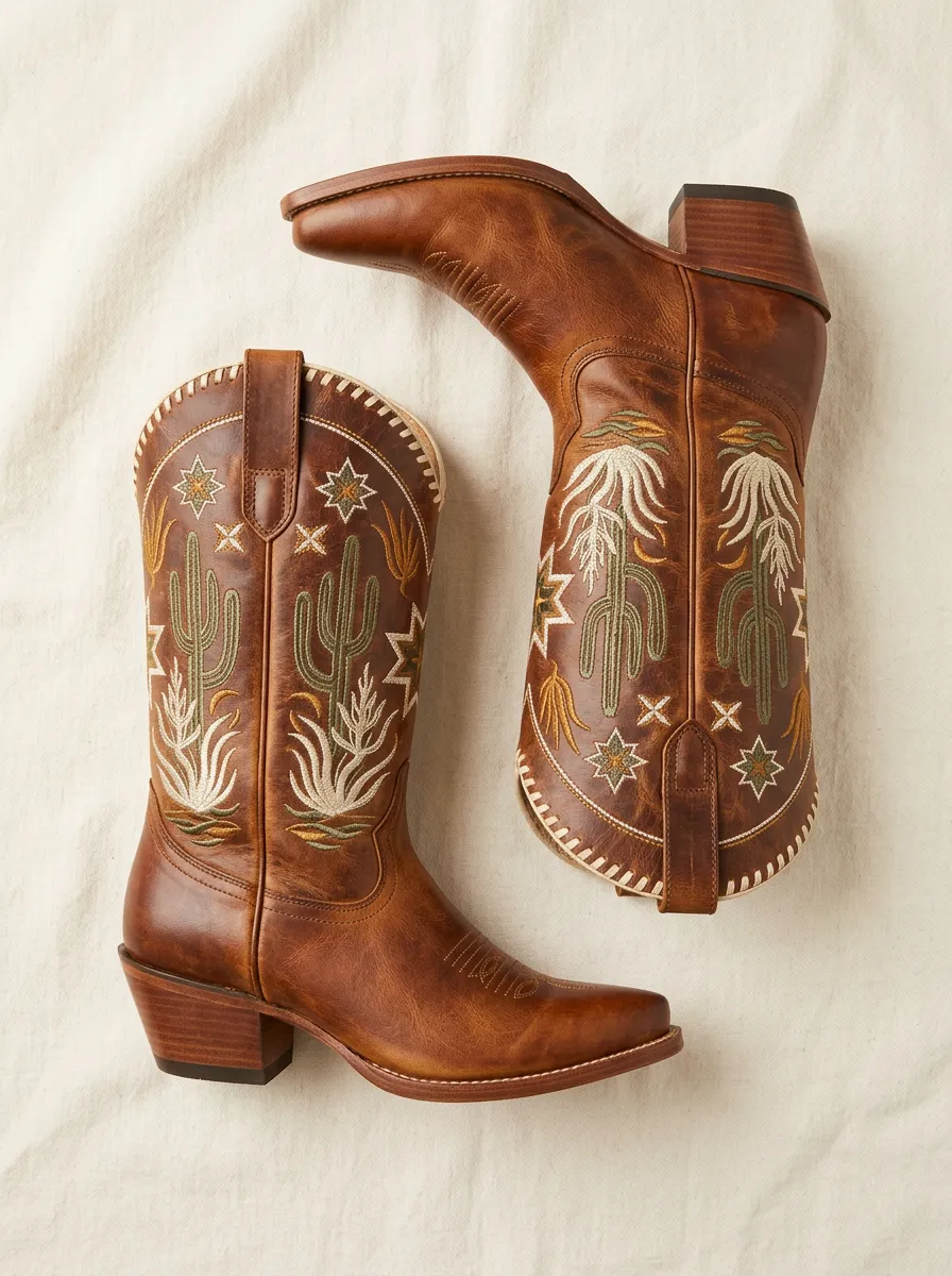 Prairie Cactus Star Embroidered Look Unisex Western Cowboy Boots