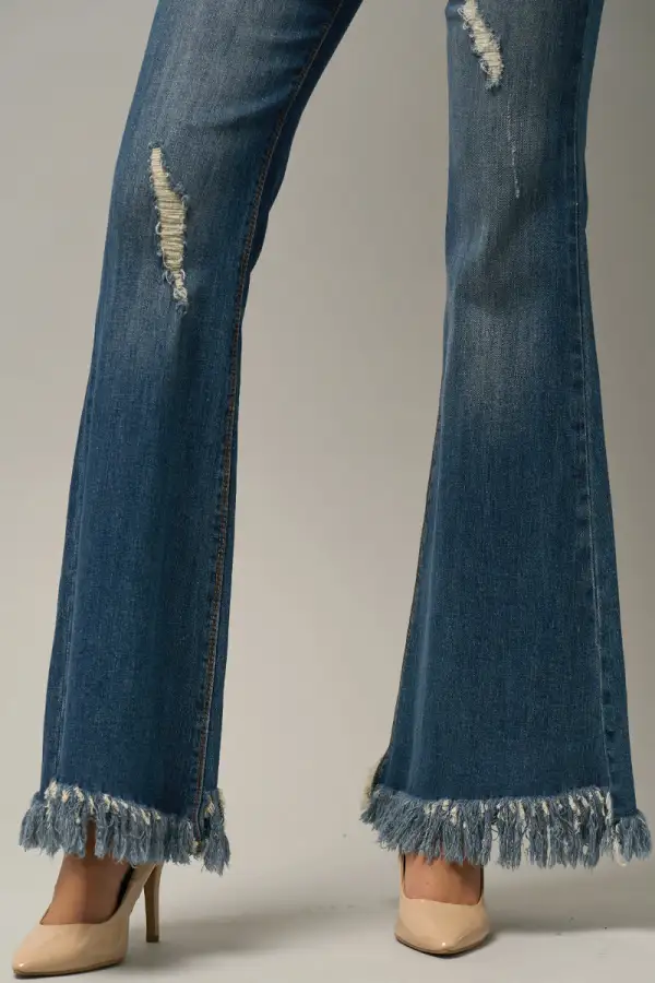 Wide Elastic Banded Fray Flare Jeans
