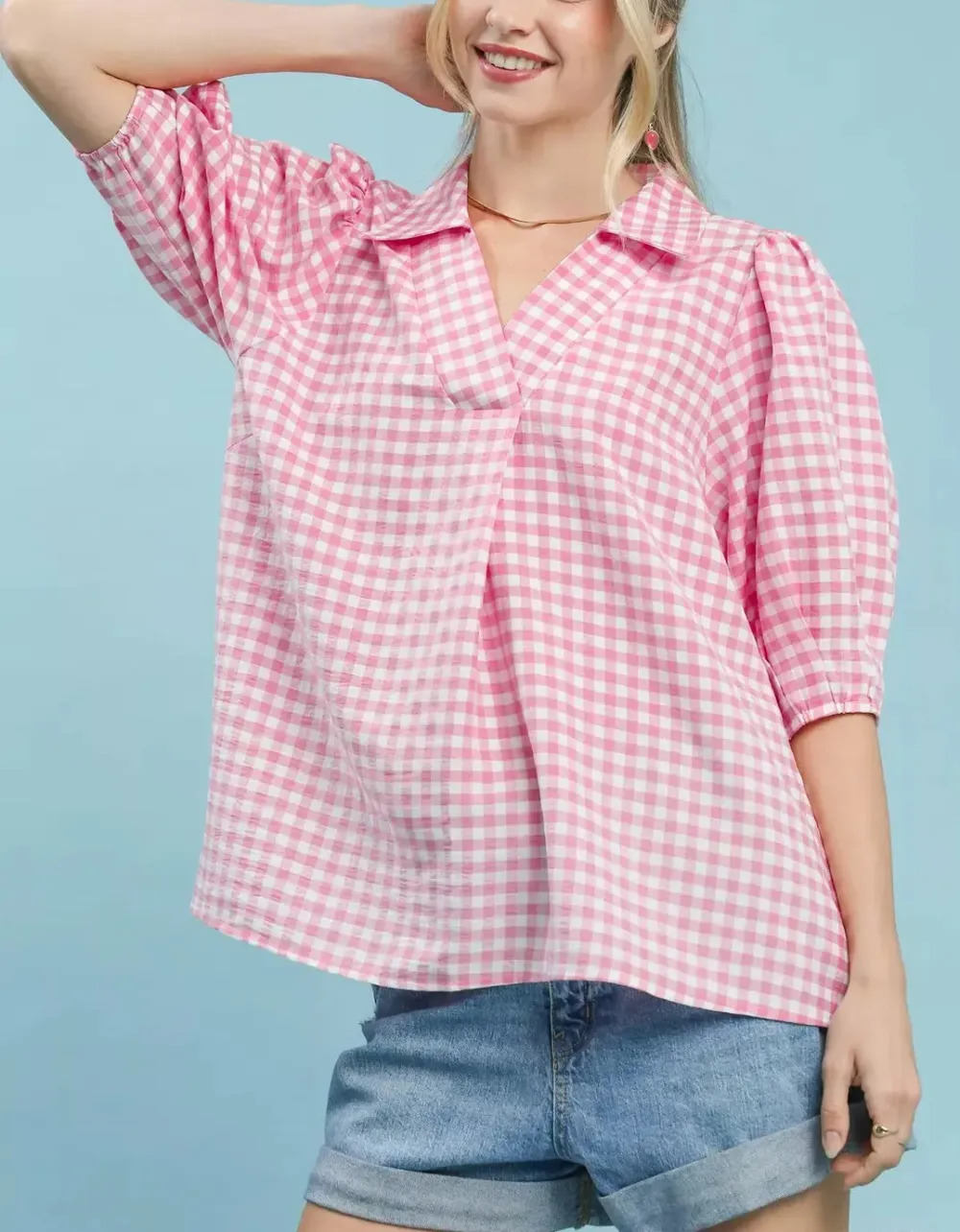 Polyester Gingham Puff Sleeve Collared Blouse