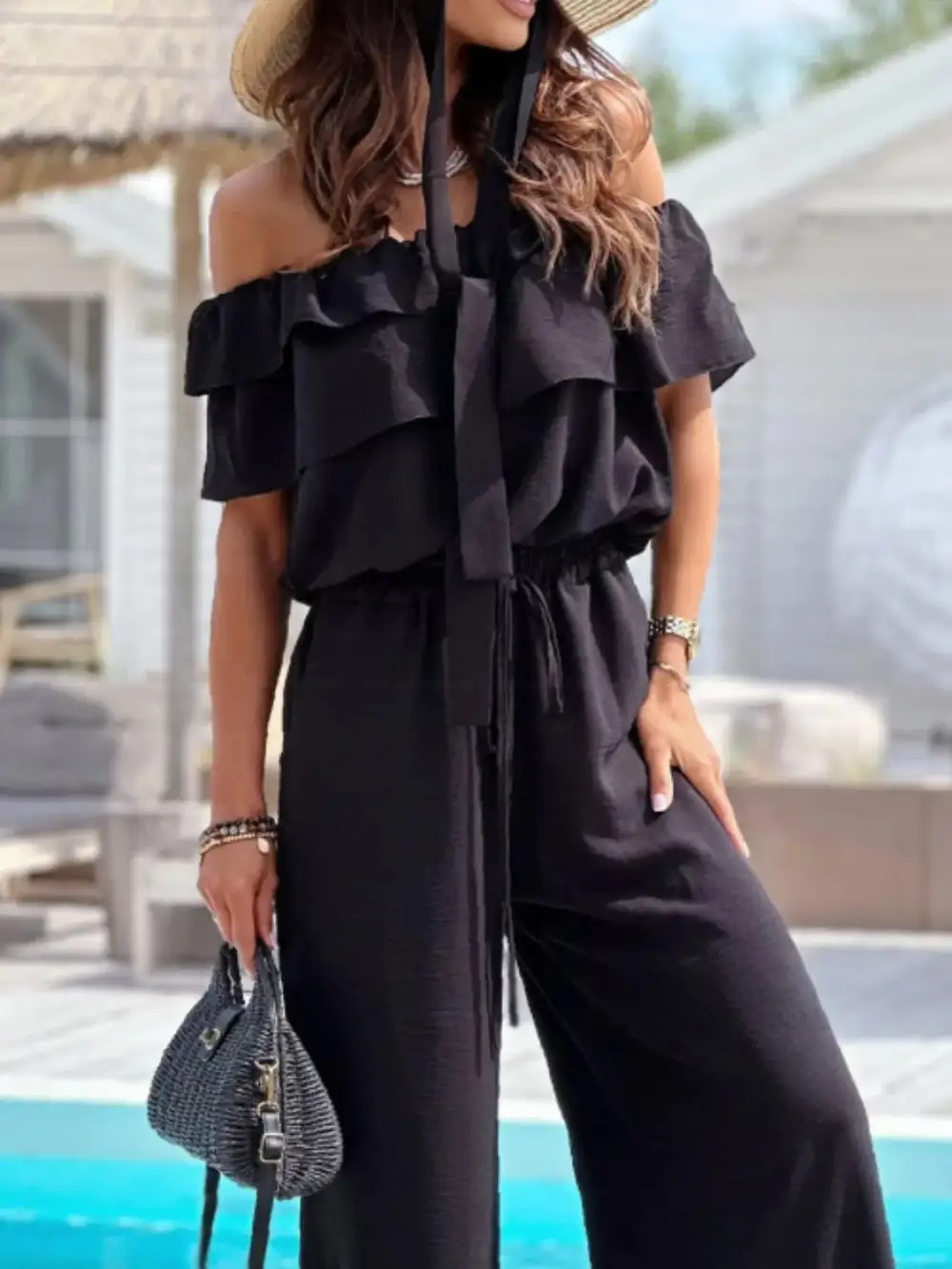 Shoulder Ruffled Wide Leg Jumpsuit