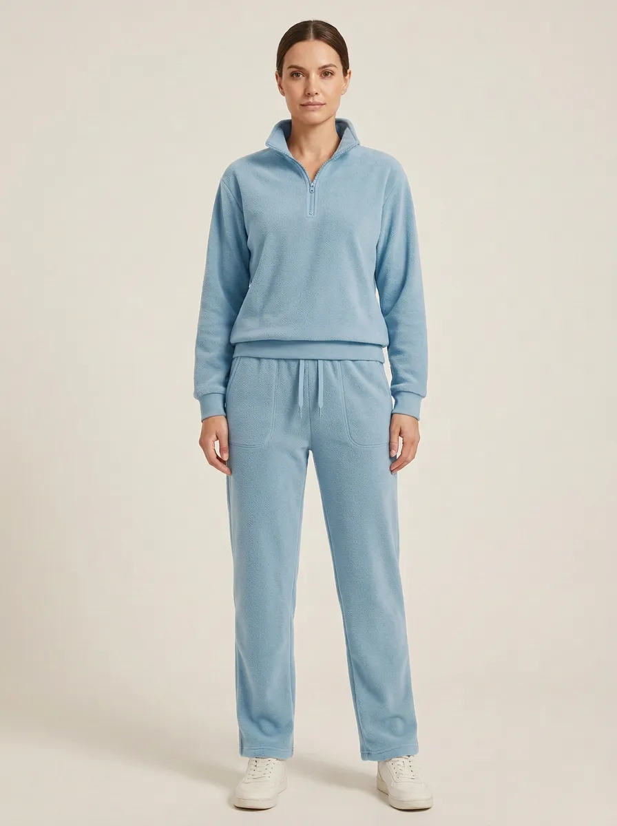 Women's Quarter-Zip Pullover And Patch-Pocket Straight-Leg Fleece Lounge Set