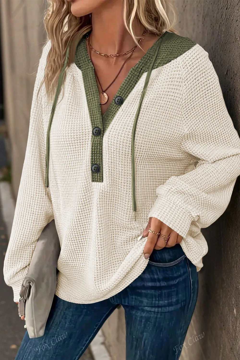 White Waffle Contrast Half Buttoned Pullover