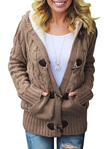 Women Hooded Knit Cardigans Button Cable Sweater Coat