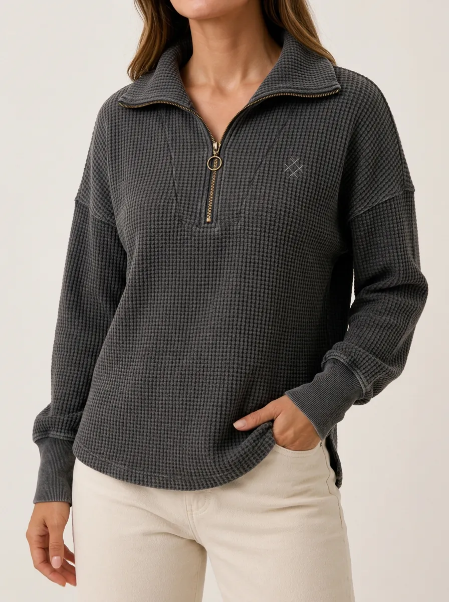 Textured Casual Casual Charcoal Waffle Knit Quarter Zip Pullover Top