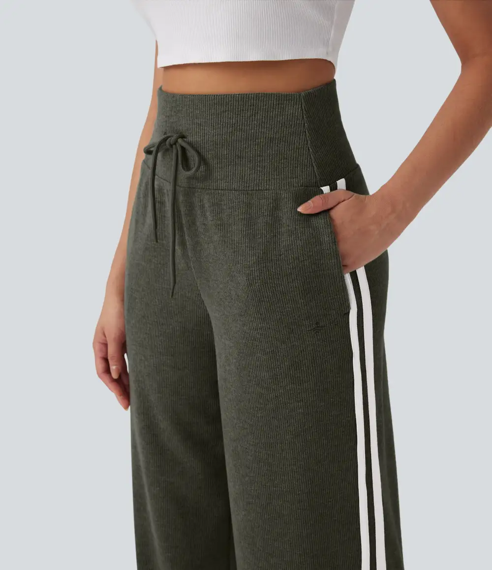 2026🔥 Ribbed SoCinched High Waisted Tummy Control Drawstring Wide Leg Color Block Casual Trousers with Pockets