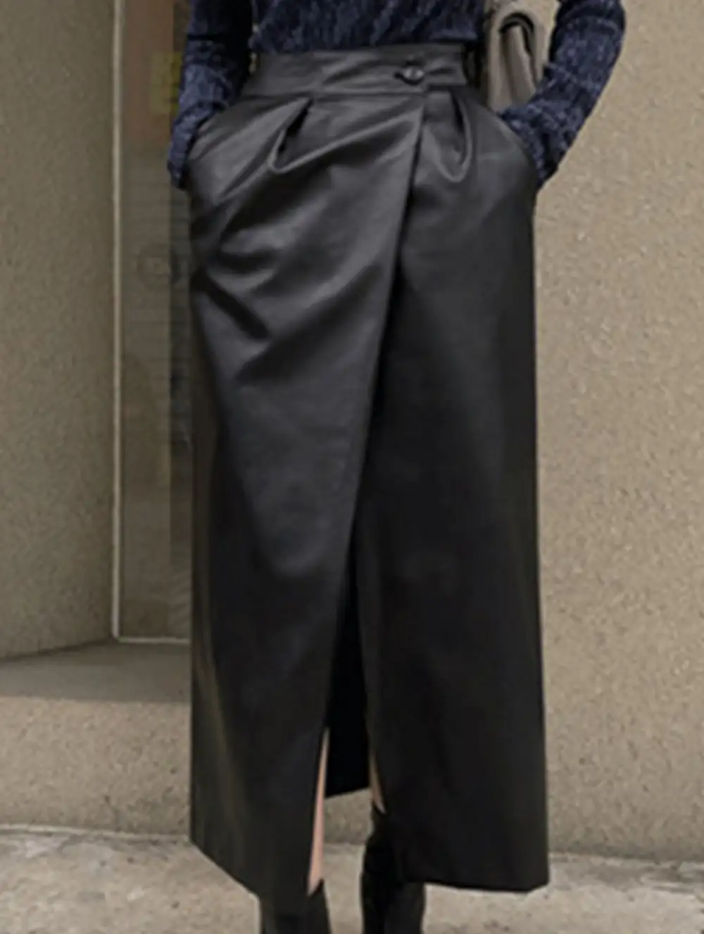 Leather Look Slit Midi Skirt