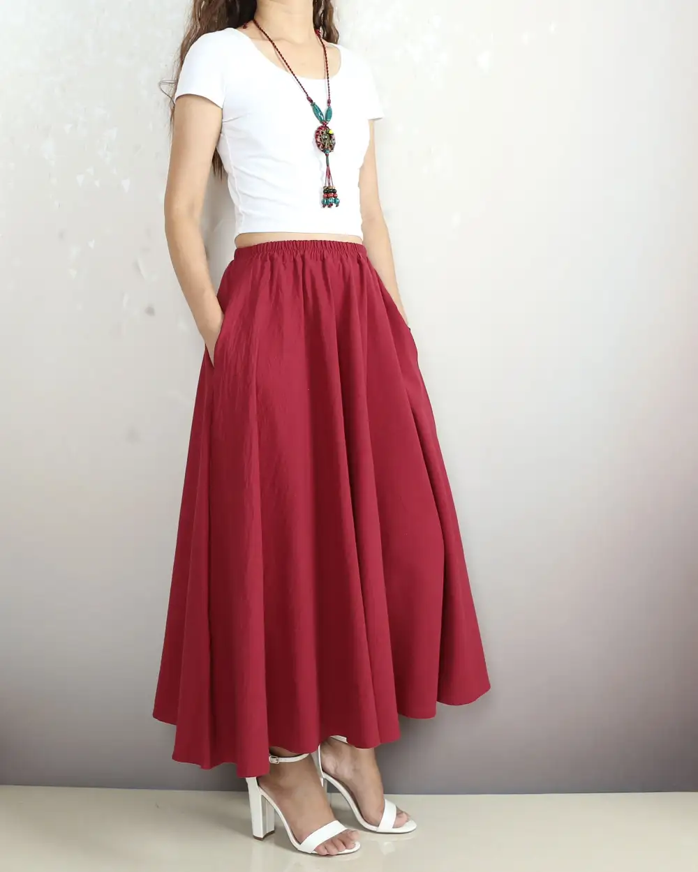 Boho Linen Flared Midi Skirt