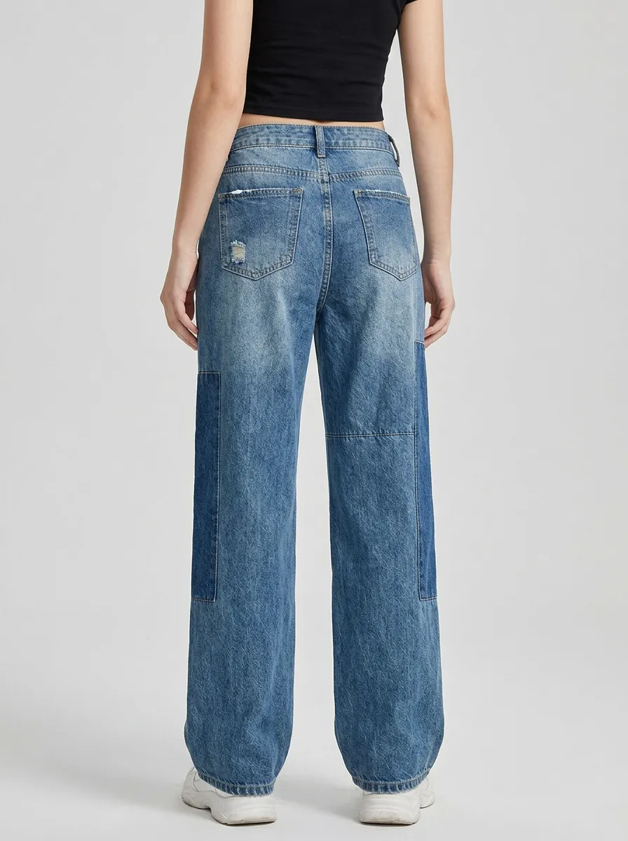 Women's Vintage Style Distressed Patchwork Printed Jeans