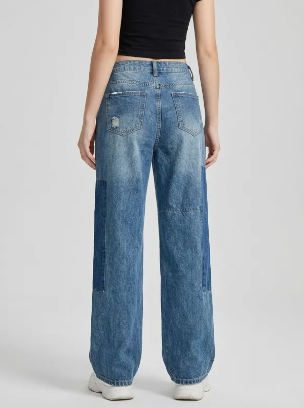 Women's Vintage Style Distressed Patchwork Printed Jeans