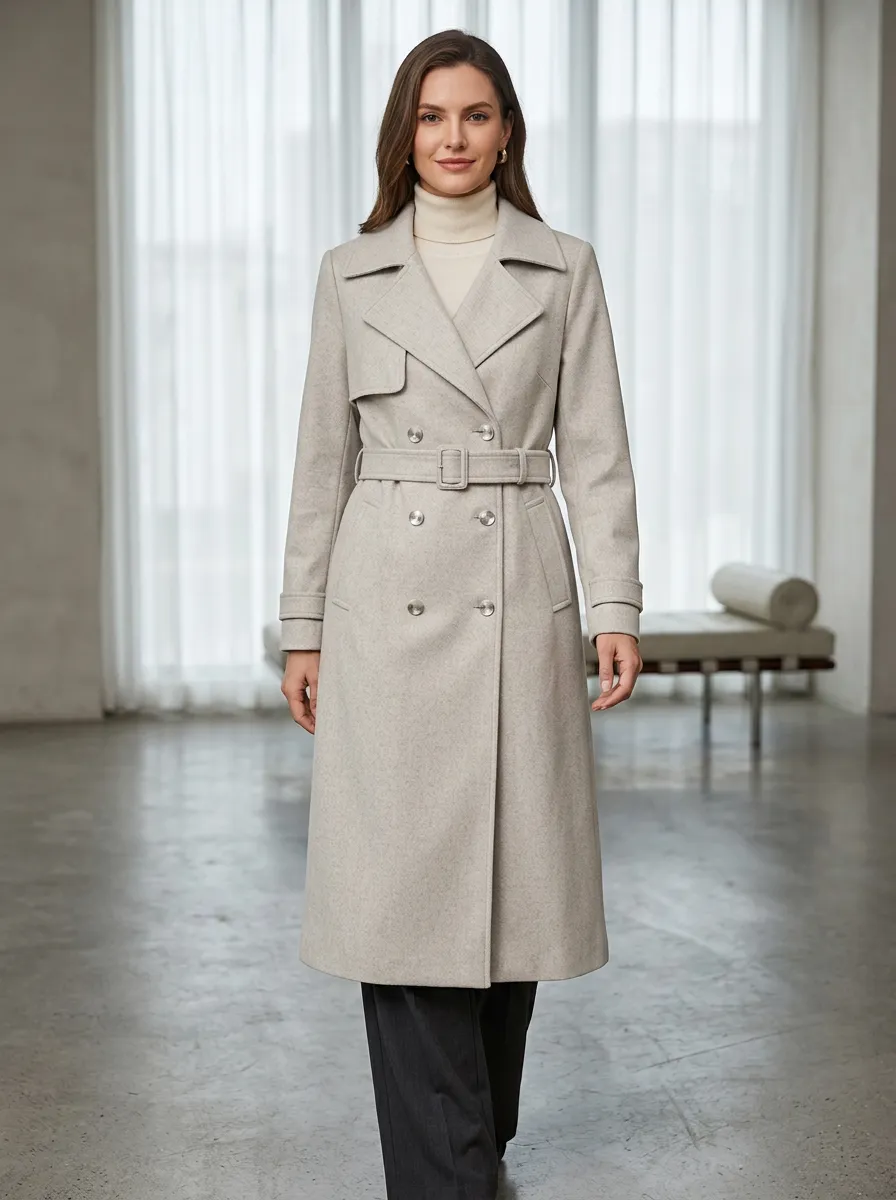 Women's Double-Breasted Belted Minimalist Long Trench Coat