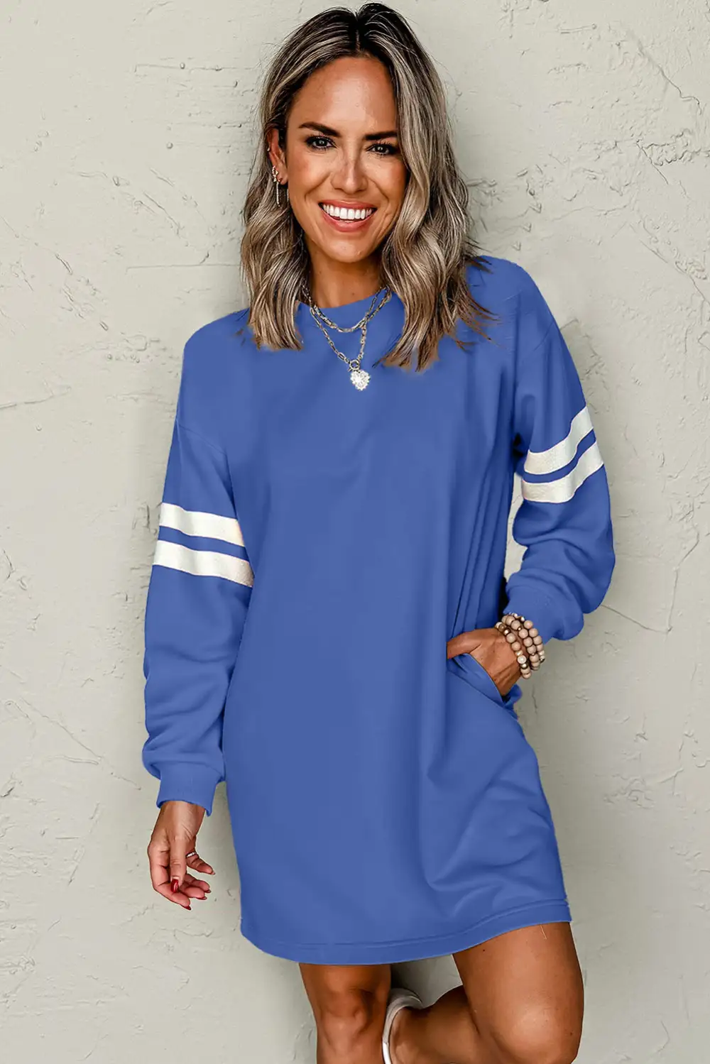 Sky Varsity Contrast Banded Sleeve Shift Sweatshirt Dress