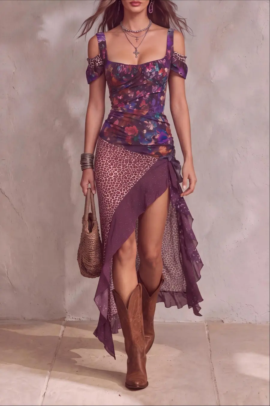 Slit Floral Leopard Pattern Maxi Dress