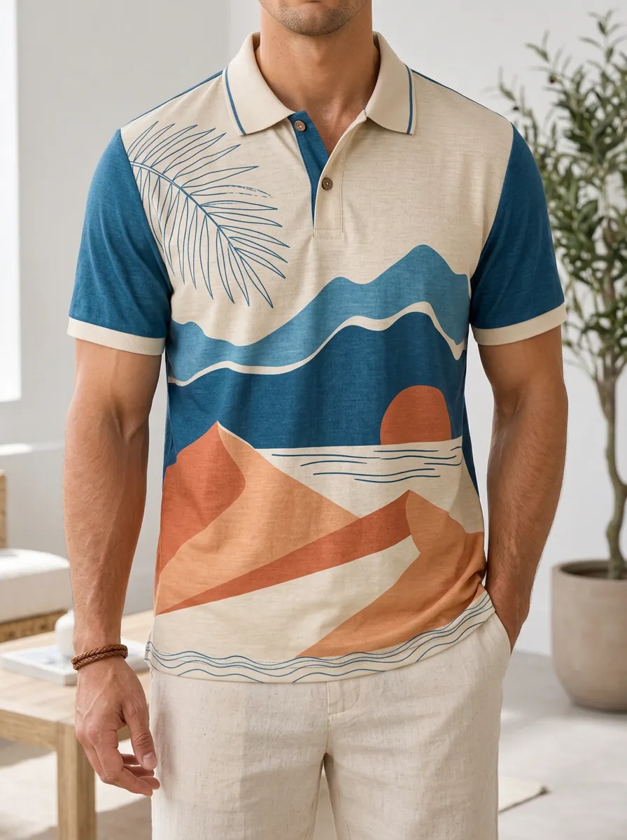 Men's Tropical Sunset Desert Landscape Printed Polo Shirt