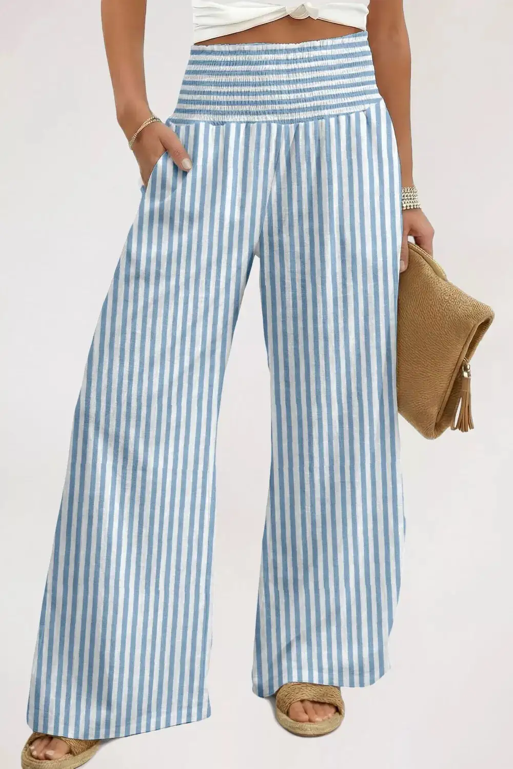 Striped Wide Leg Pants with Smocked Waist