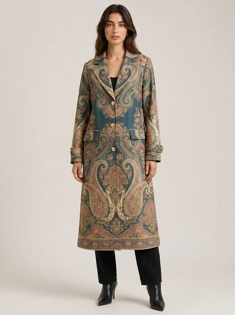 Women's Vintage Paisley Pattern Printed Long Coat