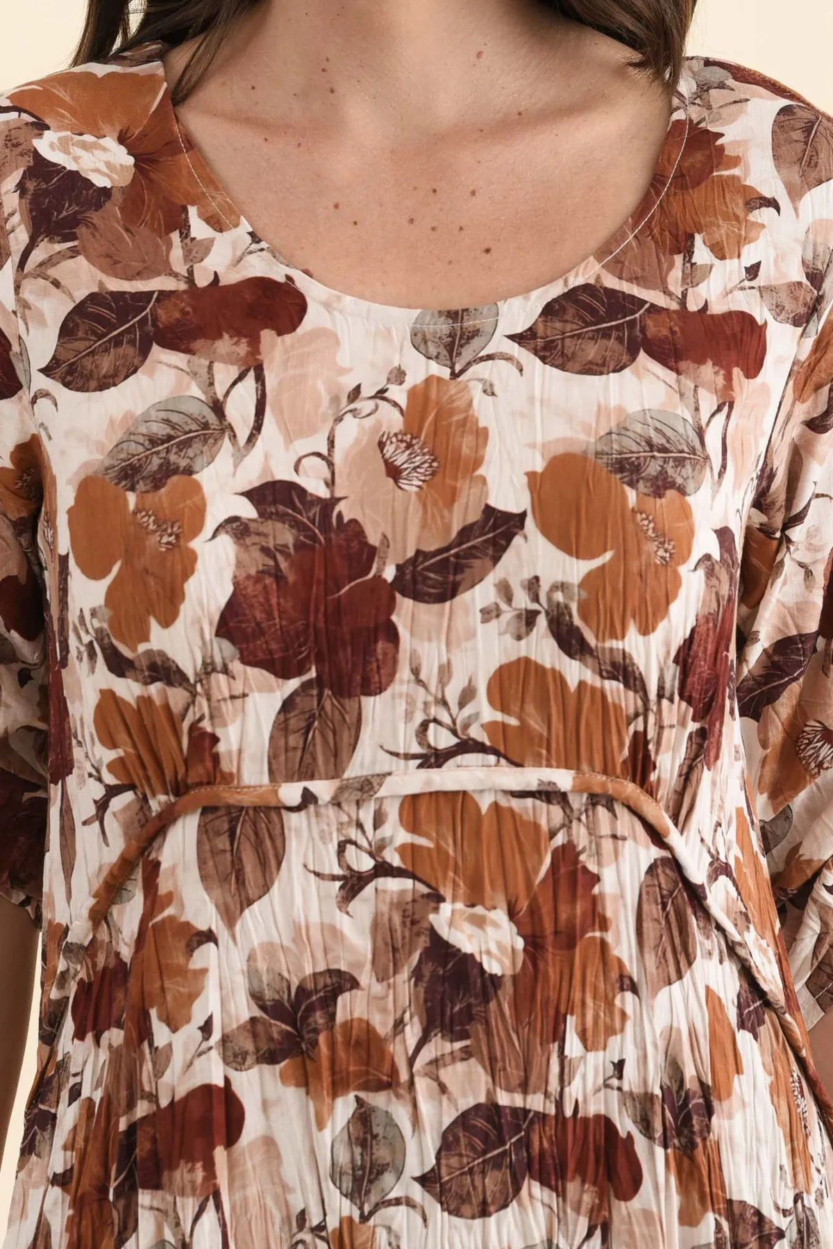 Floral Rayon Pocket Round-Neck Three-Quarter-Sleeve A-Line Below-Knee Dress