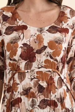Floral Rayon Pocket Round-Neck Three-Quarter-Sleeve A-Line Below-Knee Dress