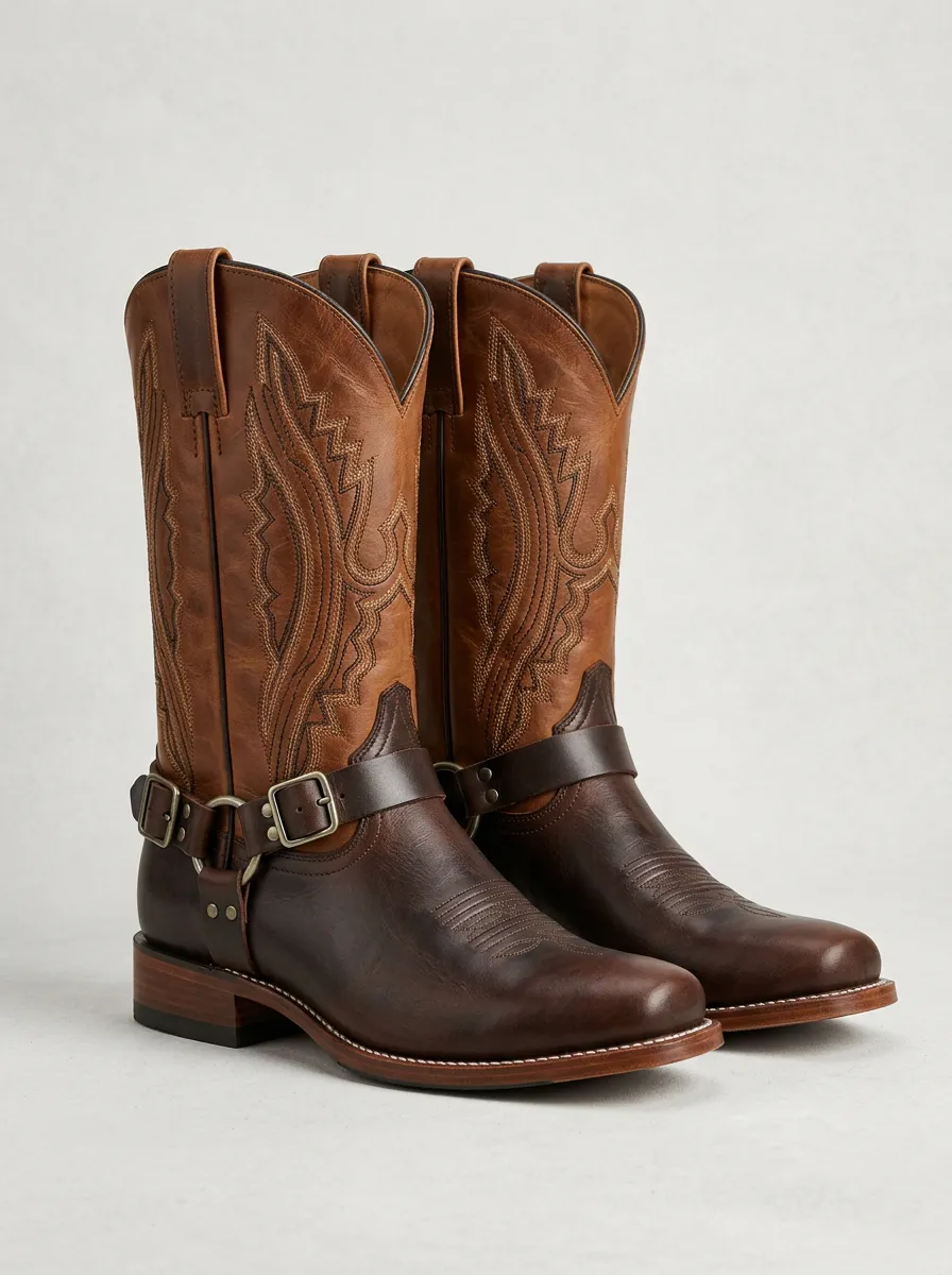 Men's Western Cowboy Embroidered Leather Harness Cowboy Boots