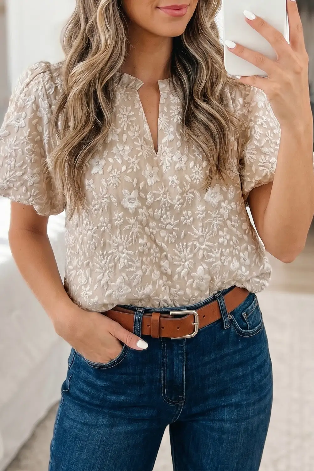 Elegant Floral Textured Puff Sleeve Blouse