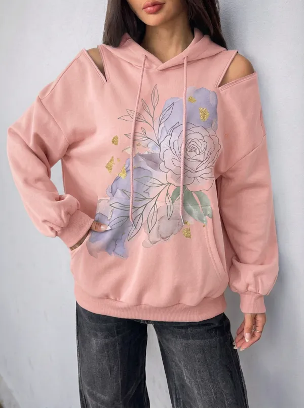 Women's Floral Watercolor Gold Foil Printed Cold Shoulder Hoodie
