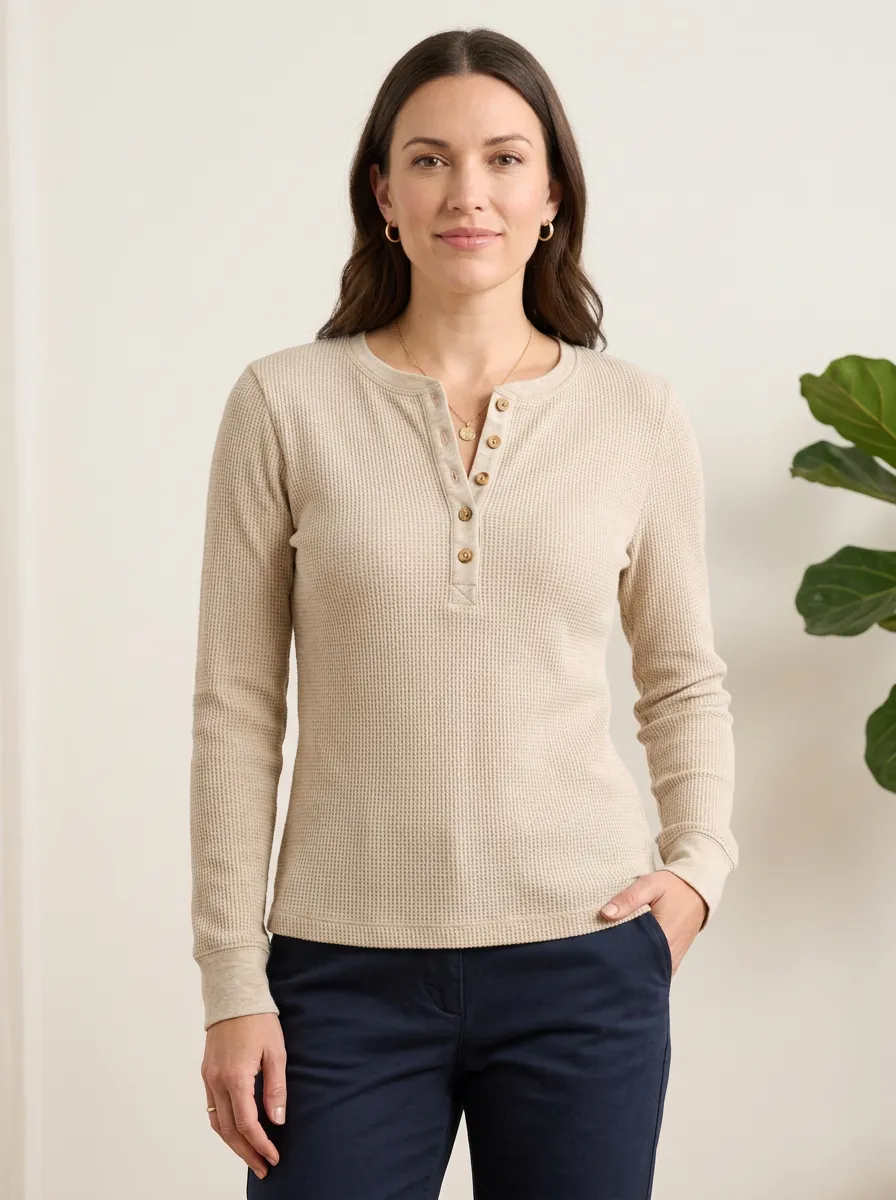 Women's Waffle-Knit Ribbed Long-Sleeve Henley Shirt