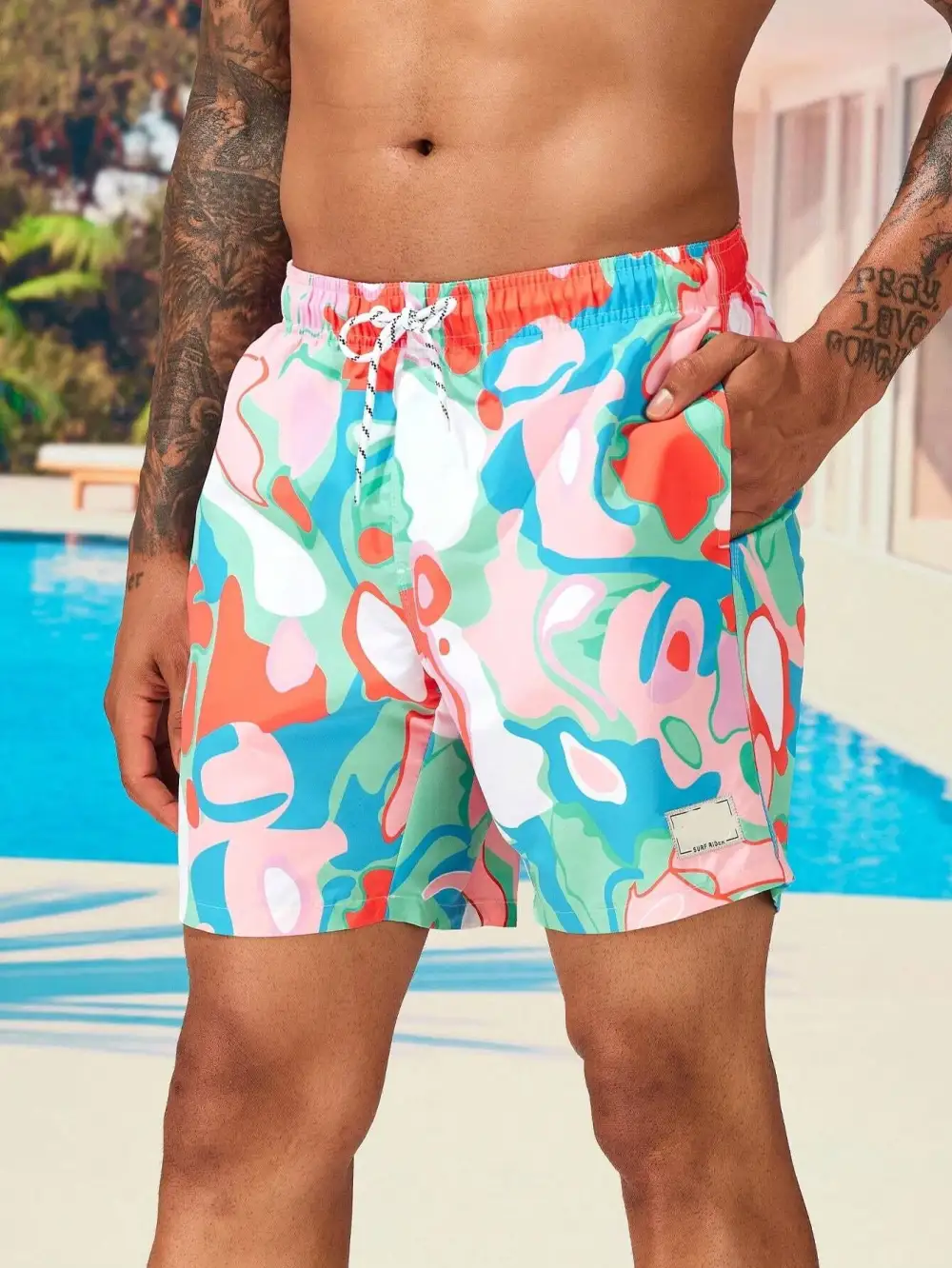 Men's Allover Print Letter Patch Detail Swim Trunks