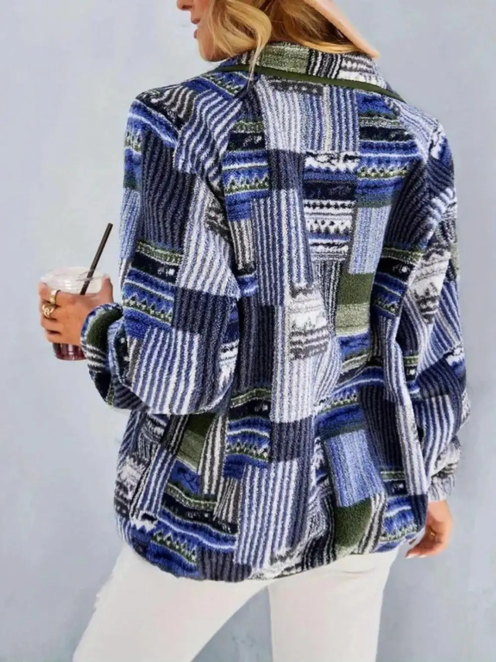 Aztec Print Fleece Snap Down Jacket