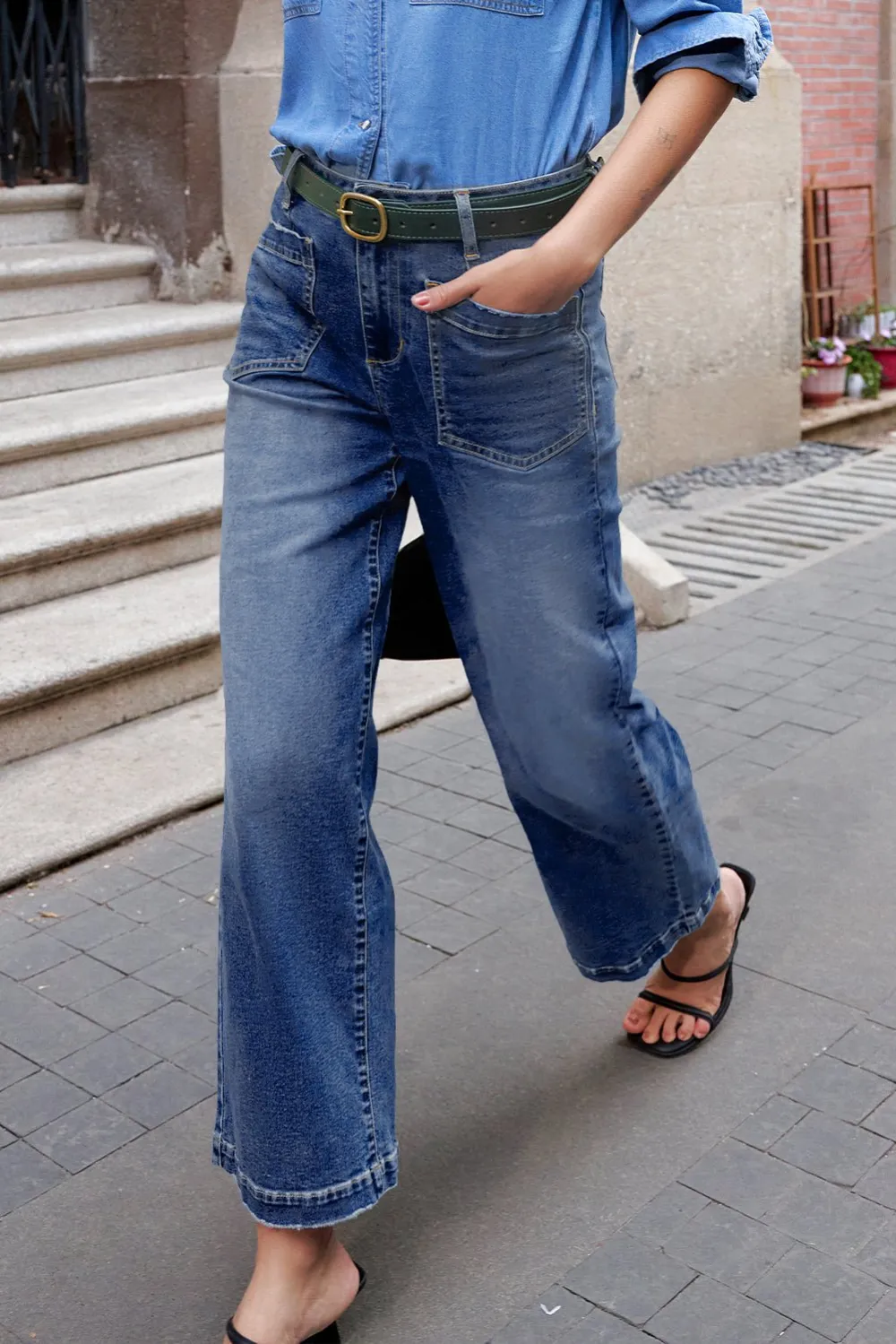 High Waist Patch Pocket Casual Jeans