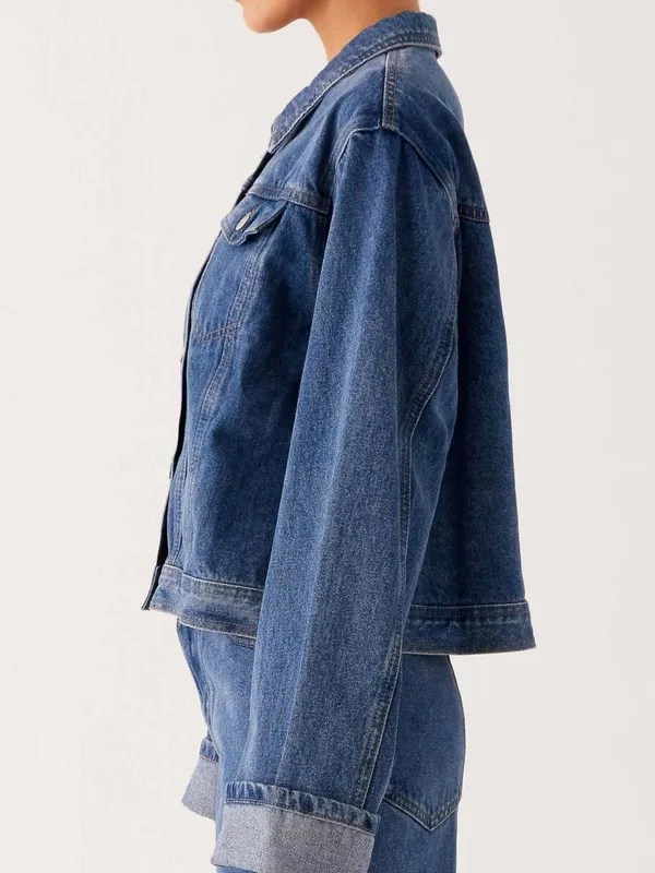 Button-Down Cropped Oversized Denim Jacket