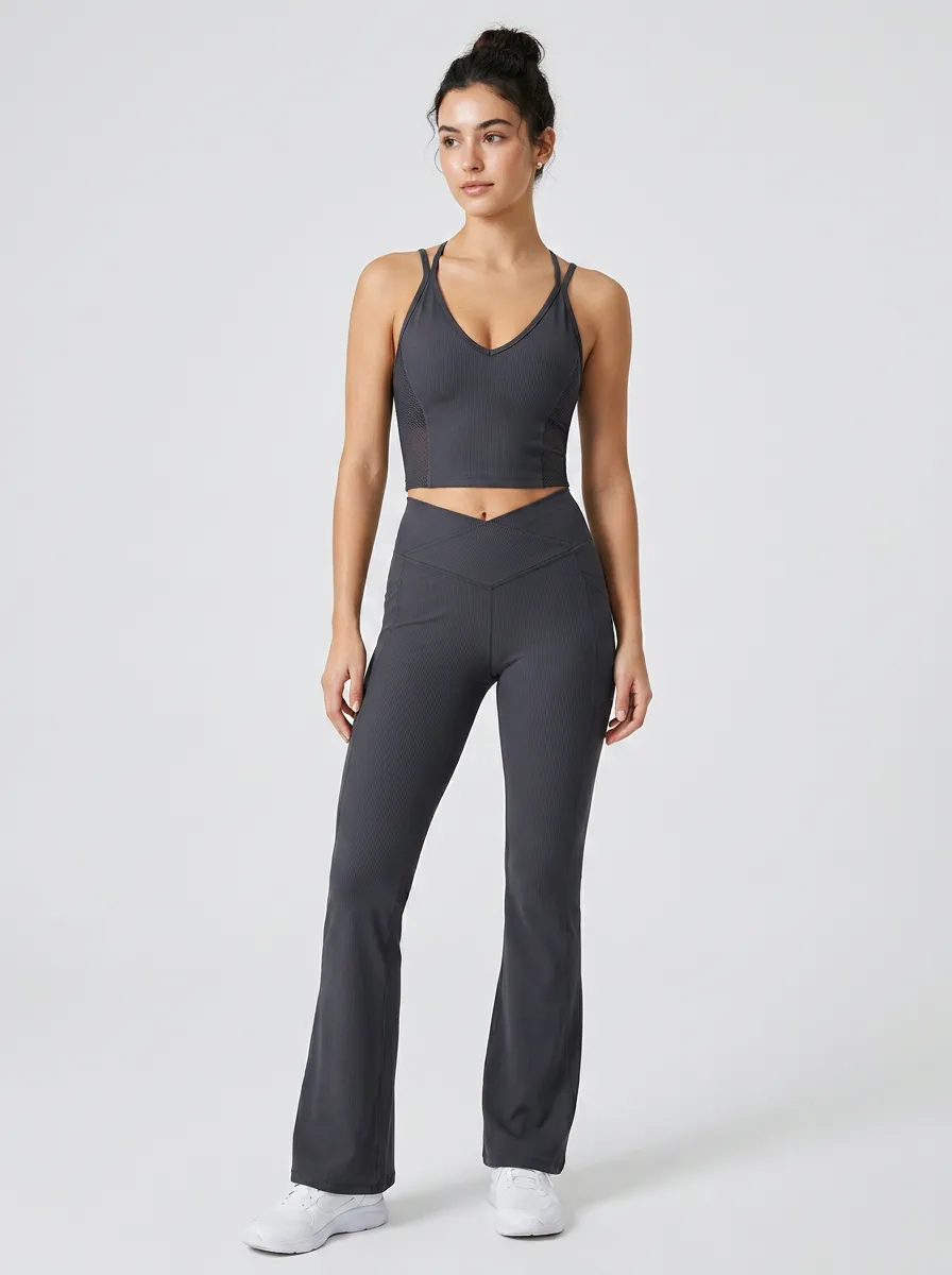 Women's Yoga Fitness V-Neck Ribbed Cross-Waist Flare Legging Set