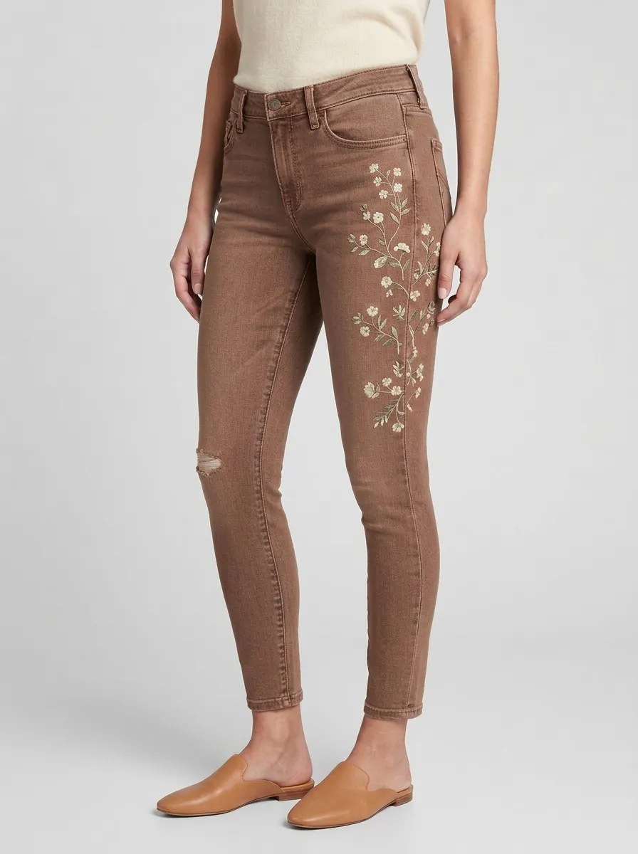 Women's Willow Floral White Flower Embroidered Printed Slim Jeans