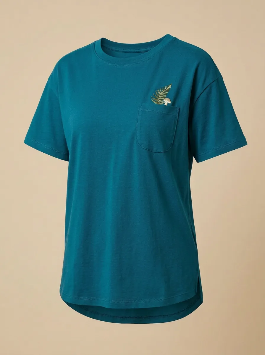 Women's Nature-Inspired Fern & Mushroom Embroidered Pocket Crewneck T-Shirt