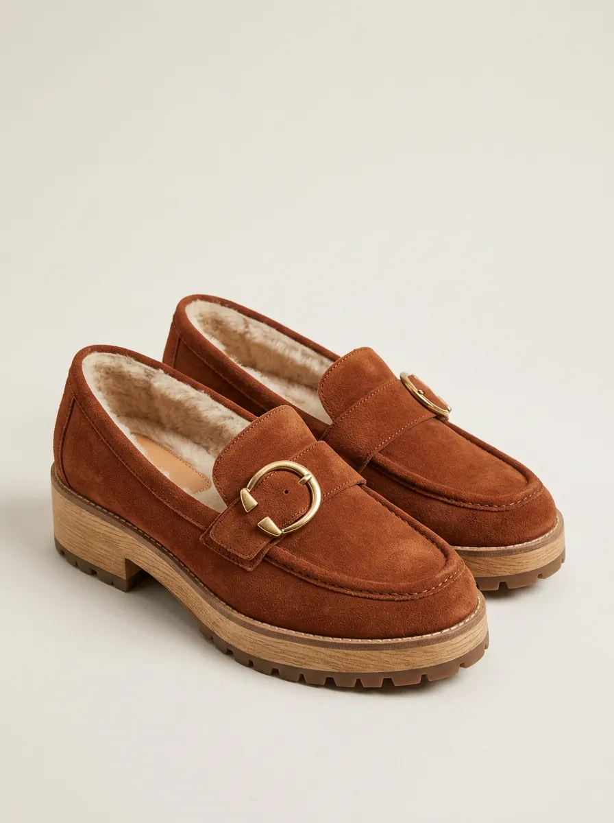 Women's Utility Faux Fur Lined Buckle Detail Platform Suede Wood Sole Loafers
