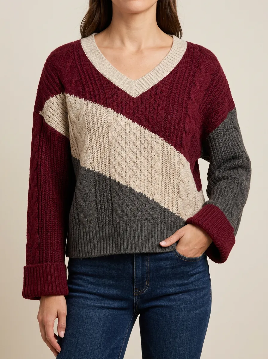Effortless Cable Knit Knit Pullover Featuring Colorblock and V Neck